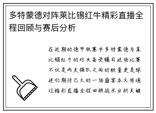 多特蒙德对阵莱比锡红牛精彩直播全程回顾与赛后分析