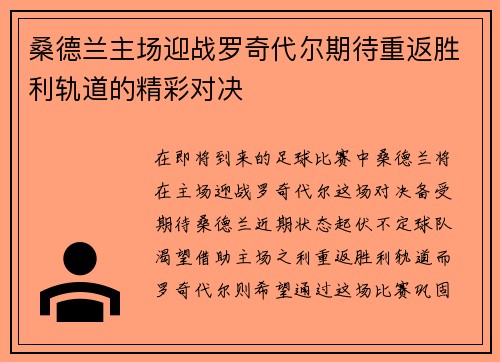 桑德兰主场迎战罗奇代尔期待重返胜利轨道的精彩对决
