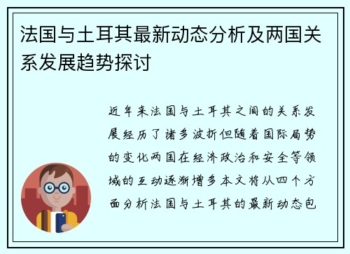 法国与土耳其最新动态分析及两国关系发展趋势探讨