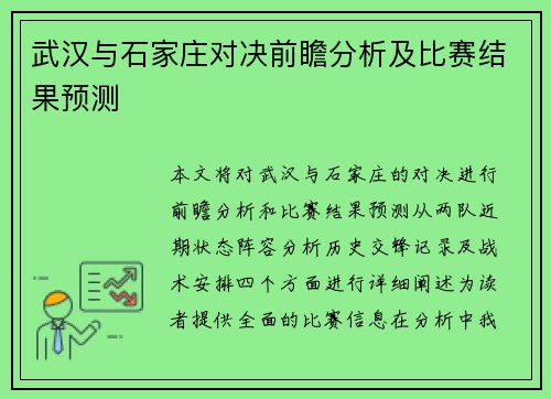 武汉与石家庄对决前瞻分析及比赛结果预测