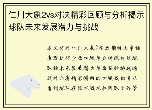 仁川大象2vs对决精彩回顾与分析揭示球队未来发展潜力与挑战