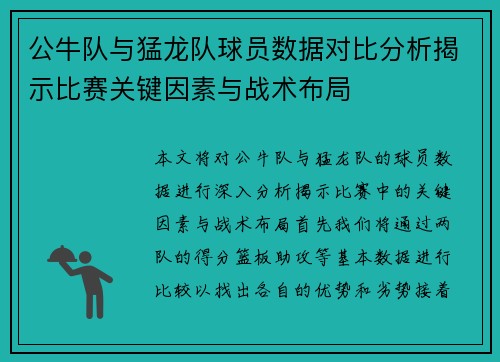 公牛队与猛龙队球员数据对比分析揭示比赛关键因素与战术布局