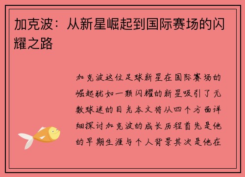 加克波：从新星崛起到国际赛场的闪耀之路