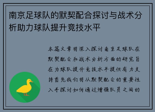 南京足球队的默契配合探讨与战术分析助力球队提升竞技水平