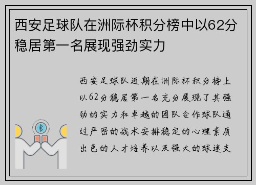 西安足球队在洲际杯积分榜中以62分稳居第一名展现强劲实力