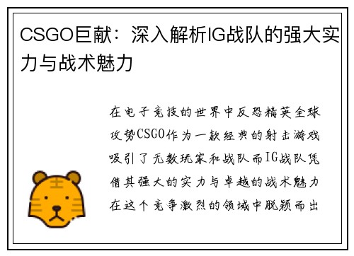 CSGO巨献：深入解析IG战队的强大实力与战术魅力