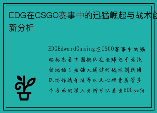 EDG在CSGO赛事中的迅猛崛起与战术创新分析
