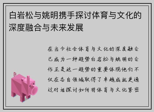 白岩松与姚明携手探讨体育与文化的深度融合与未来发展