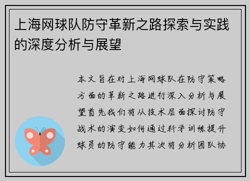 上海网球队防守革新之路探索与实践的深度分析与展望